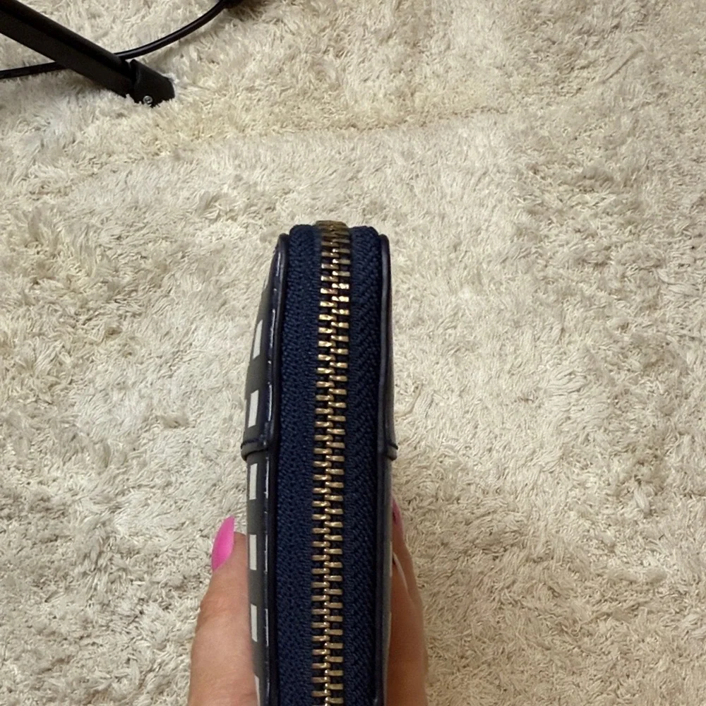 Tory Burch T Block Navy and White Checkered Continental Zip Around Wallet